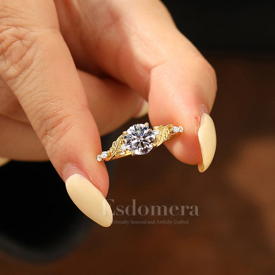 Botanical Engraved Round Lab Grown Diamond Women Ring 14K Solid Gold Hand-Carved Leaf Bridal Ring  (IGI Certified)