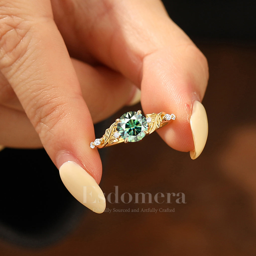 Dreamy Round Blue Green Moissanite Engagement Ring S925 Sprig Design Promise Ring