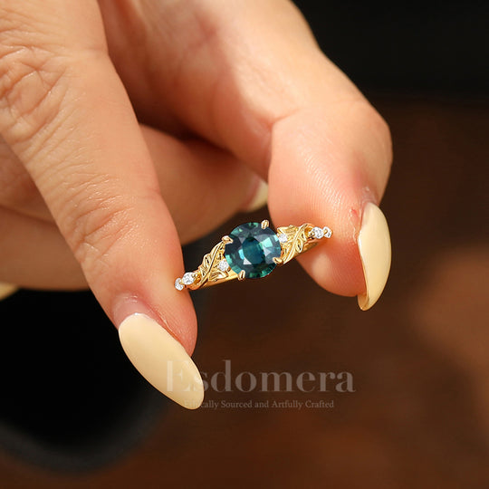 Romantic Leaf Engraved Round Cut Teal Sapphire Marriage Ring Solid Gold Vine-Inspired Engagement Ring
