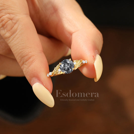 Mystical Round Natural Black Rutilated Quartz Engagement Ring Vine-Inspired Marriage Ring