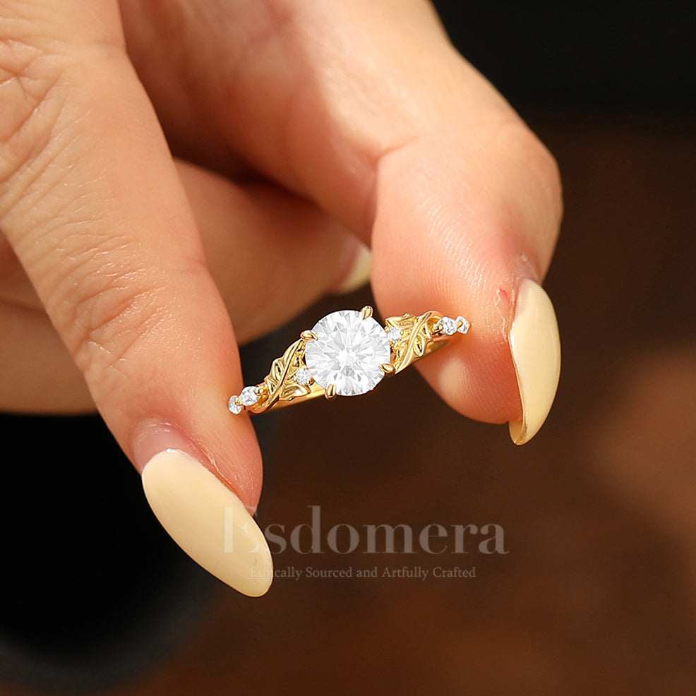 Elegant Leaf Engraved Round Moissanite Bridal Ring Handcrafted 14K Solid Gold Engagement Ring