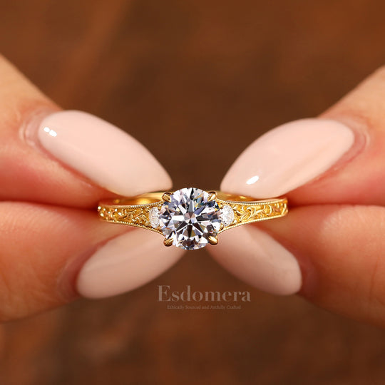 Delicate Filigree Round 14K Gold Band Lab Diamond Ring with Accent Stones Classic Vintage Ring (IGI Certified)