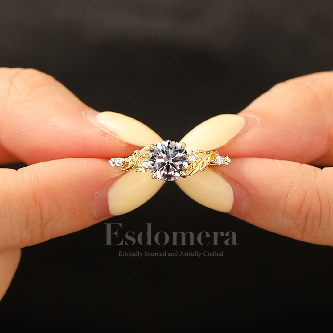 Botanical Engraved Round Lab Grown Diamond Women Ring 14K Solid Gold Hand-Carved Leaf Bridal Ring  (IGI Certified)