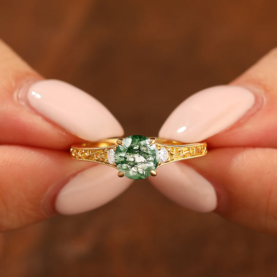 Vintage Inspired Engraved Vine 1CT Round Natural Moss Agate Women Ring Engagement Ring