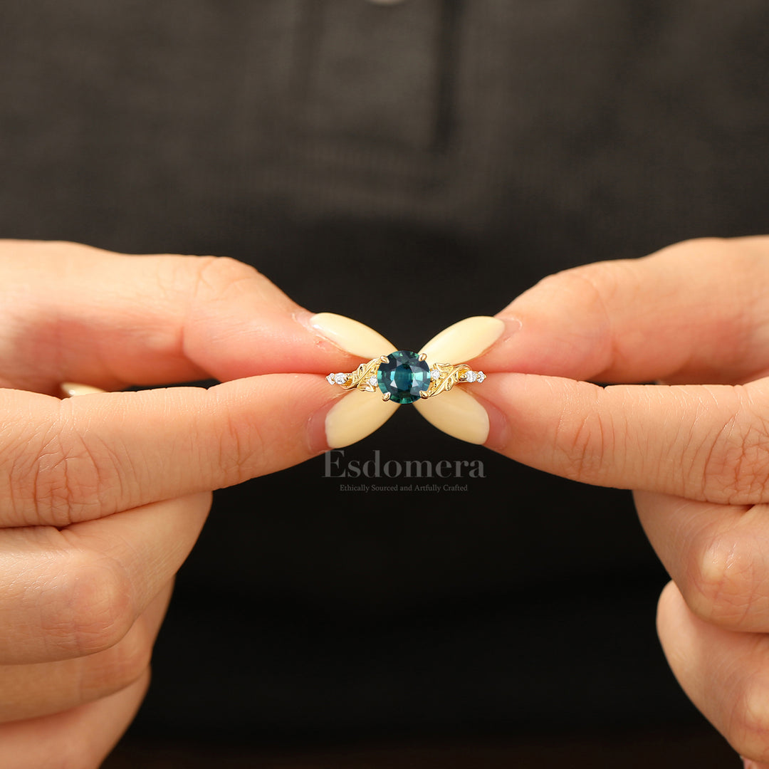 Romantic Leaf Engraved Round Cut Teal Sapphire Marriage Ring Solid Gold Vine-Inspired Engagement Ring