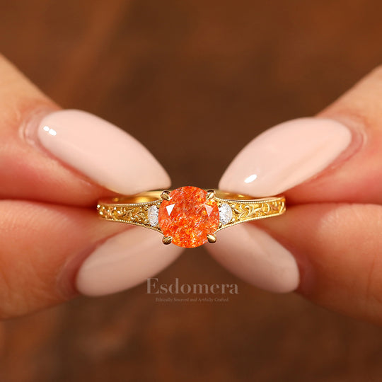 Vintage Inspired Engraved Vine 1CT Round Natural Sunstone Women Ring Engagement Ring