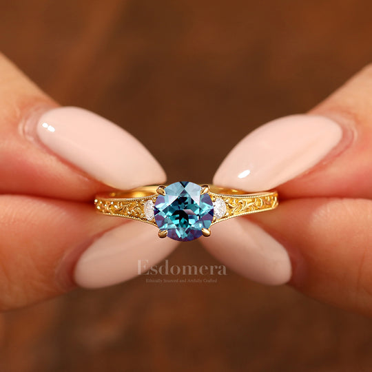 Vintage Engraved Floral Round Alexandrite Ring Solid Yellow Gold Women Ring