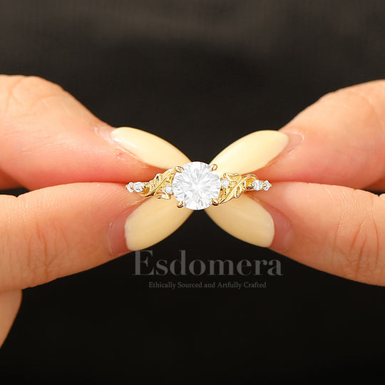 Elegant Leaf Engraved Round Moissanite Bridal Ring Handcrafted 14K Solid Gold Engagement Ring