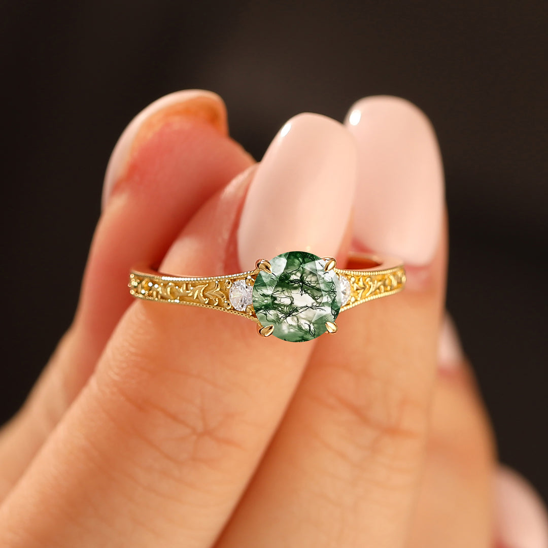 Vintage Inspired Engraved Vine 1CT Round Natural Moss Agate Women Ring Engagement Ring