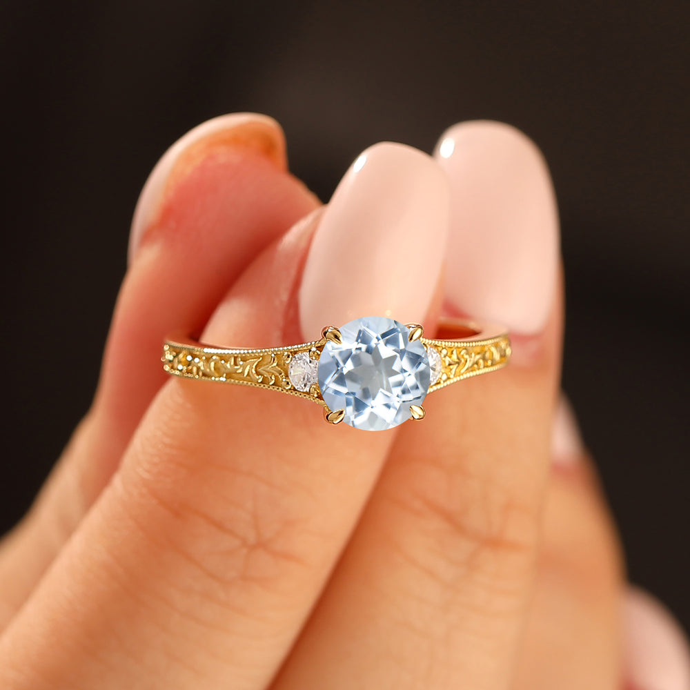 14K Oro Grabado Floral Corte Redondo Aguamarina Anillo de Mujer Anillo de Compromiso Vintage