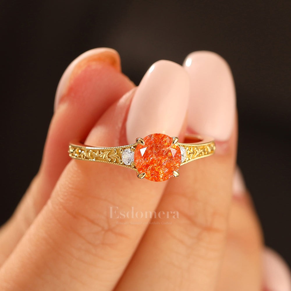 Vintage Inspiré Gravé Vigne Bague Femme Pierre Naturelle Sunstone Ronde 1CT Bague de Fiançailles