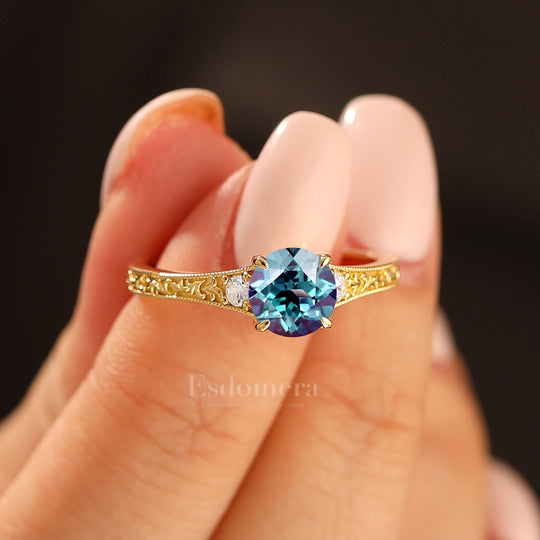 Vintage Engraved Floral Round Alexandrite Ring Solid Yellow Gold Women Ring