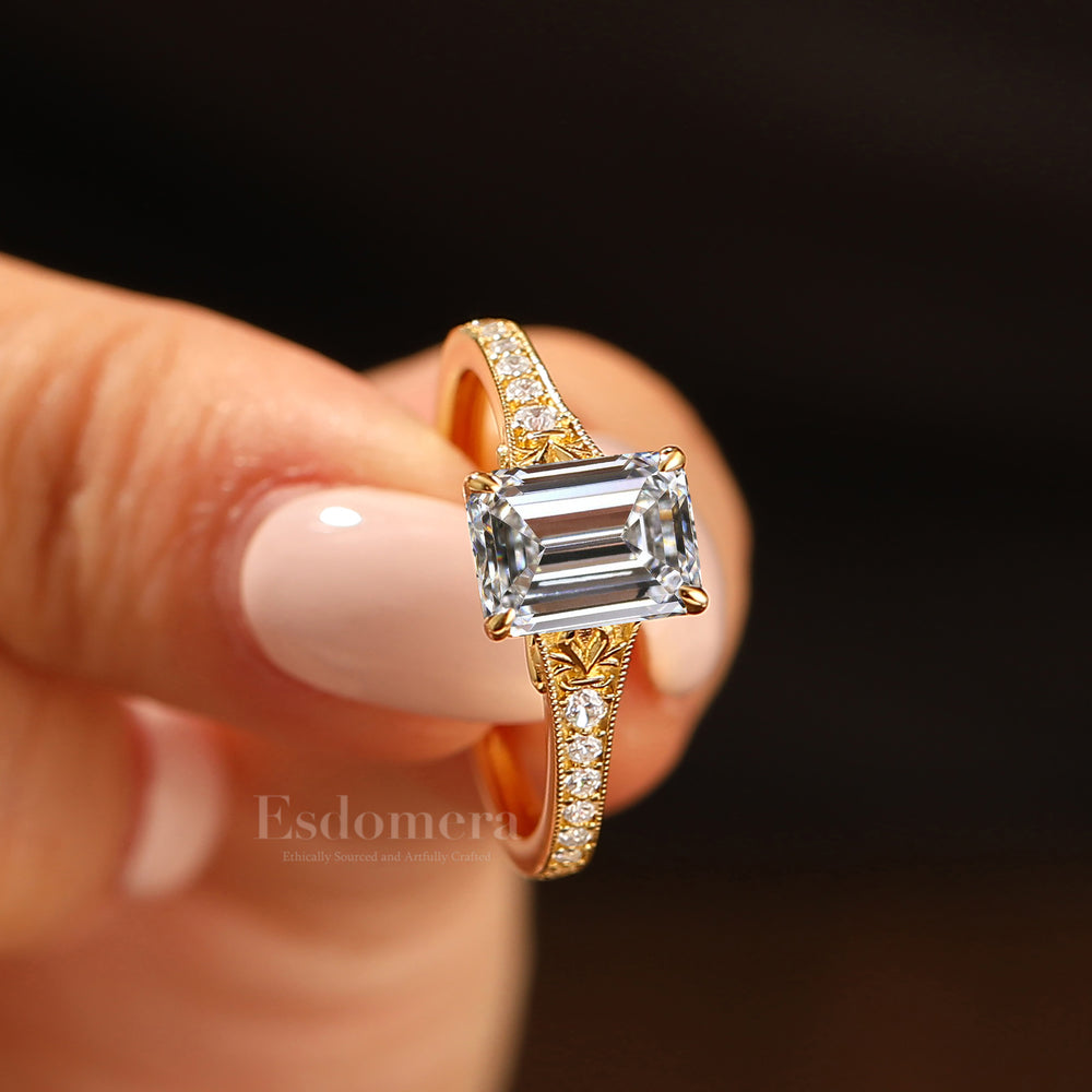 Unique 2CT Emerald Cut Lab Grown Diamond Promise Ring Accented Pave Wedding Ring (IGI Certified)