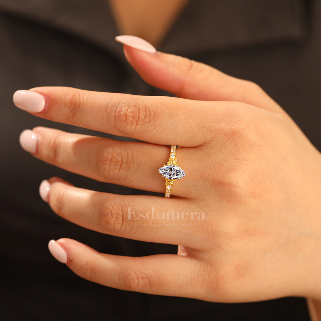 14K Vintage Classic Marquise Solitaire Lab Grown Diamond  Engagement Ring Filigree Wedding Ring Yellow Gold 1CT Ring Yellow Gold Pave Wedding Ring (IGI Certified)