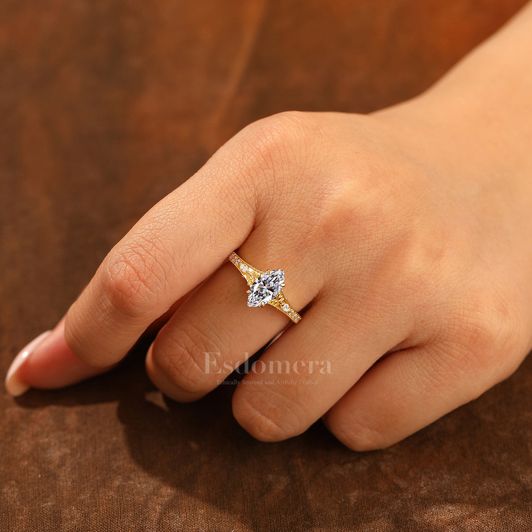 14K Vintage Classic Marquise Solitaire Lab Grown Diamond  Engagement Ring Filigree Wedding Ring Yellow Gold 1CT Ring Yellow Gold Pave Wedding Ring (IGI Certified)