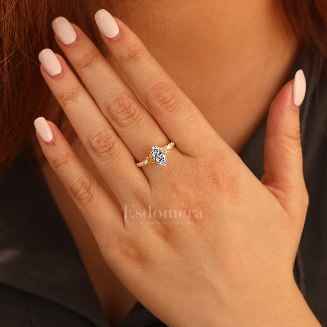 14K Vintage Classic Marquise Solitaire Lab Grown Diamond  Engagement Ring Filigree Wedding Ring Yellow Gold 1CT Ring Yellow Gold Pave Wedding Ring (IGI Certified)