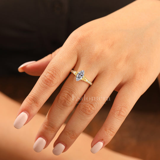 14K Vintage Classic Marquise Solitaire Lab Grown Diamond  Engagement Ring Filigree Wedding Ring Yellow Gold 1CT Ring Yellow Gold Pave Wedding Ring (IGI Certified)