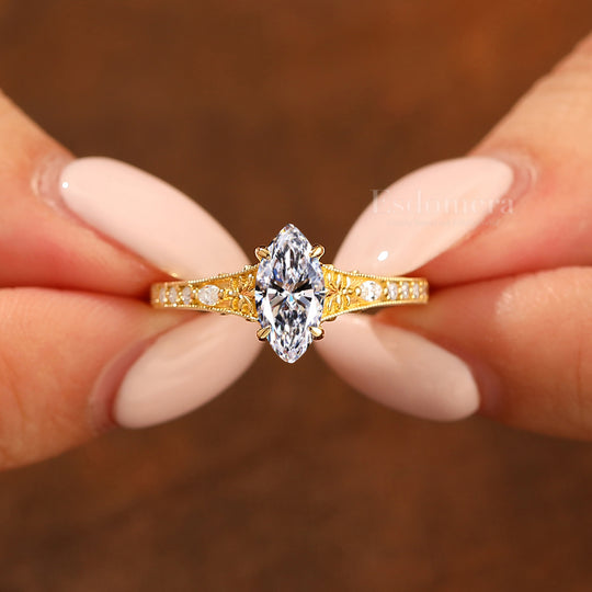 14K Vintage Classic Marquise Solitaire Lab Grown Diamond  Engagement Ring Filigree Wedding Ring Yellow Gold 1CT Ring Yellow Gold Pave Wedding Ring (IGI Certified)