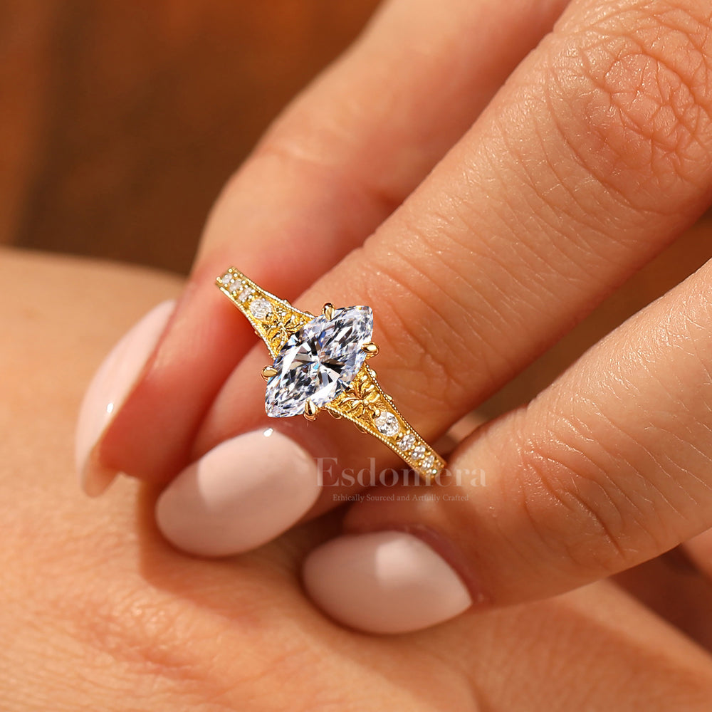 14K Vintage Clásico Solitario Marquesa Anillo de Compromiso con Diamante Cultivado en Laboratorio Anillo de Boda de Filigrana Oro Amarillo Anillo 1CT Oro Amarillo Anillo de Boda Pavé (Certificado IGI)