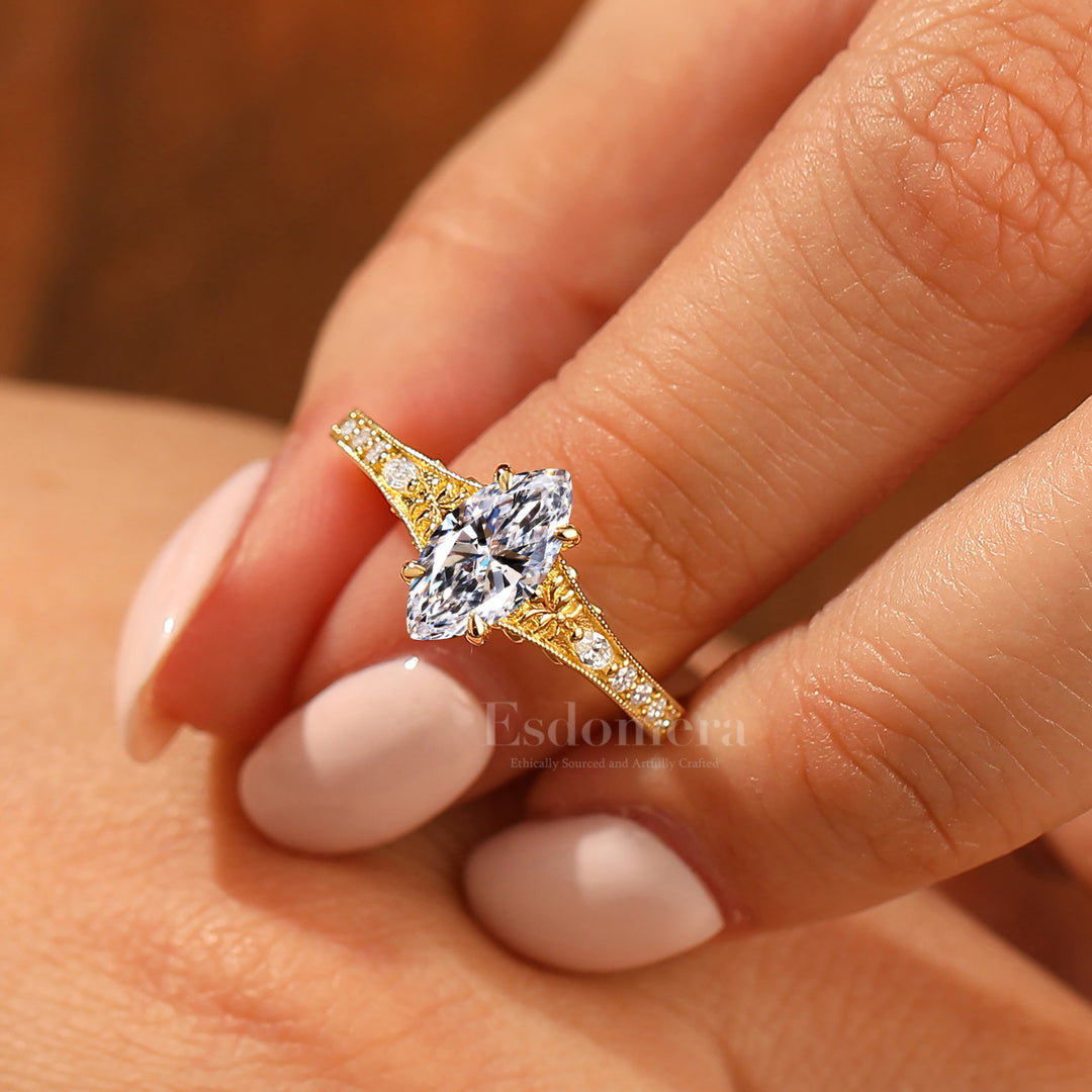 14K Vintage Classic Marquise Solitaire Lab Grown Diamond  Engagement Ring Filigree Wedding Ring Yellow Gold 1CT Ring Yellow Gold Pave Wedding Ring (IGI Certified)