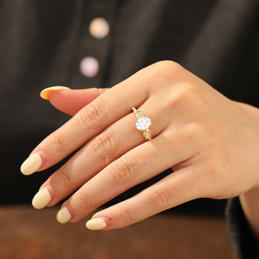 Garden Inspired Oval Moissanite Engagement Ring Vine Design Pavé Wedding Ring For Her