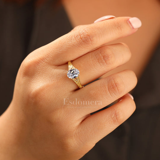 14K Vintage Filigree Band Oval Cut Lab Grown Diamond with Filigree Band Solitaire Ring Engagement Ring (IGI Certified)