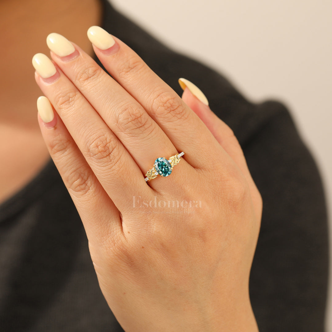 Vine Leaf Oval Blue Green Moissanite Half Eternity Engagement Ring 14K Gold Botanical Bridal Ring
