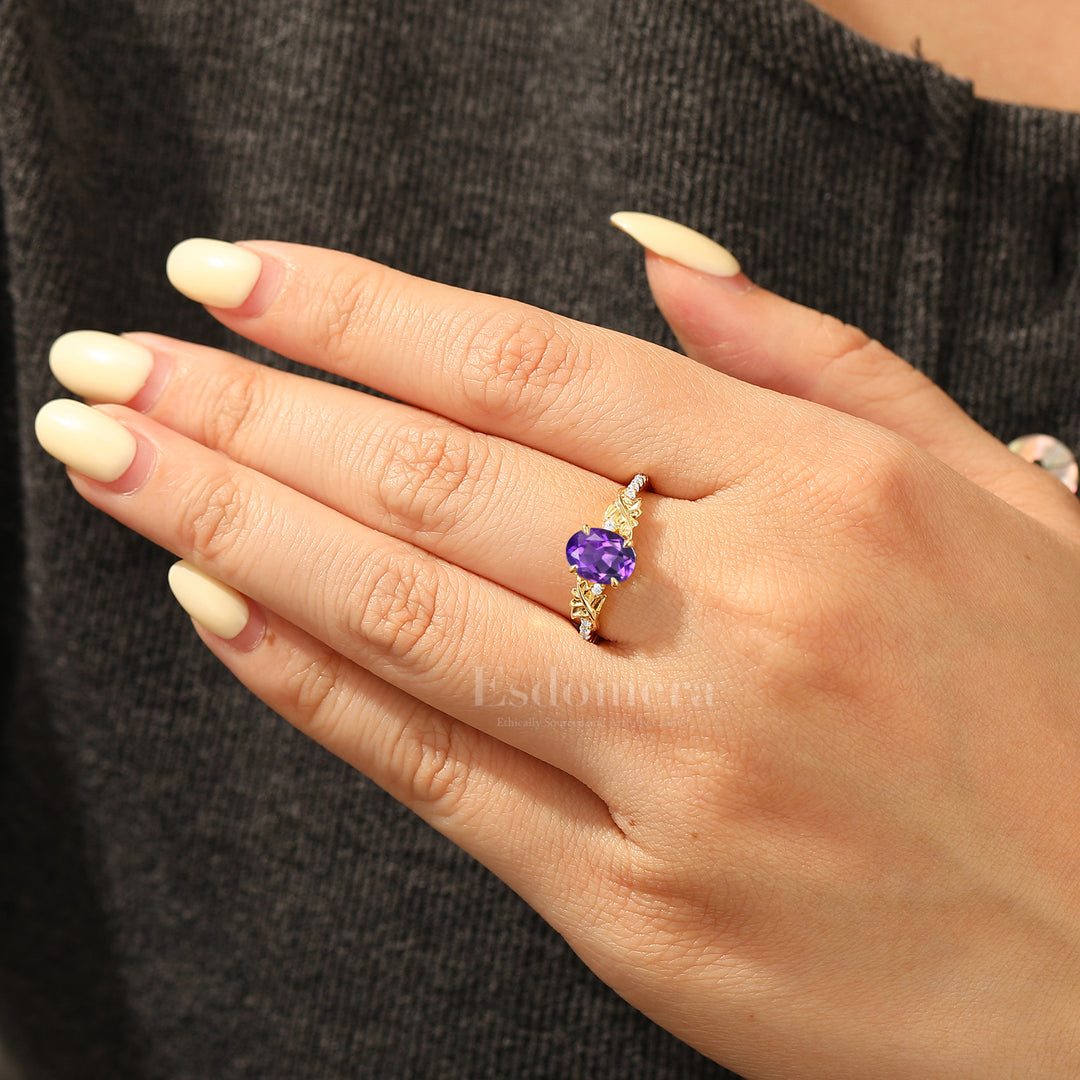 Leaf Inspired Oval Natural Amethyst Wedding Ring Unique Half Eternity Engagement Ring
