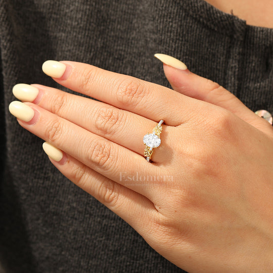 Garden Inspired Oval Moissanite Engagement Ring Vine Design Pavé Wedding Ring For Her