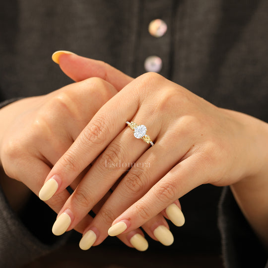 Botanical Leaf 1.5CT Oval Moissanite Half Eternity Bridal Ring 14K Gold Twig Style Wedding Ring