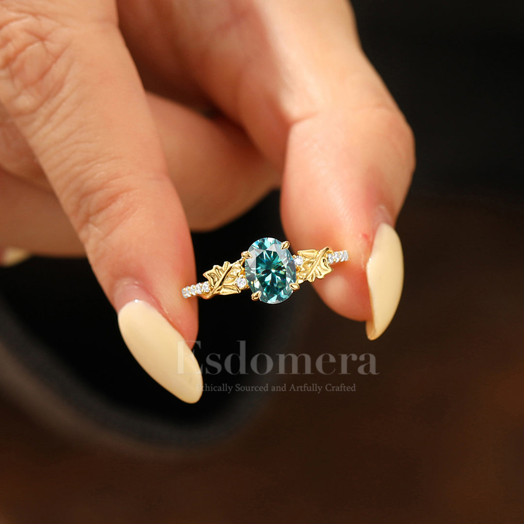 Vine Leaf Oval Blue Green Moissanite Half Eternity Engagement Ring 14K Gold Botanical Bridal Ring