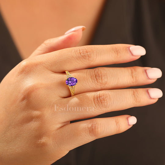 Solid 14k Yellow Gold Vintage Oval Cut Amethyst Engagement Rings Carved Vine Bridal Ring