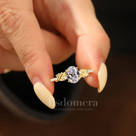 Woodland Vine Leaf Oval Lab Diamond Engagement Ring 14K Gold Pavé Band (IGI Certified)