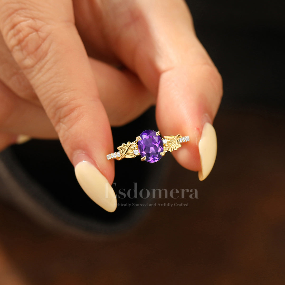 Leaf Inspired Oval Natural Amethyst Wedding Ring Unique Half Eternity Engagement Ring