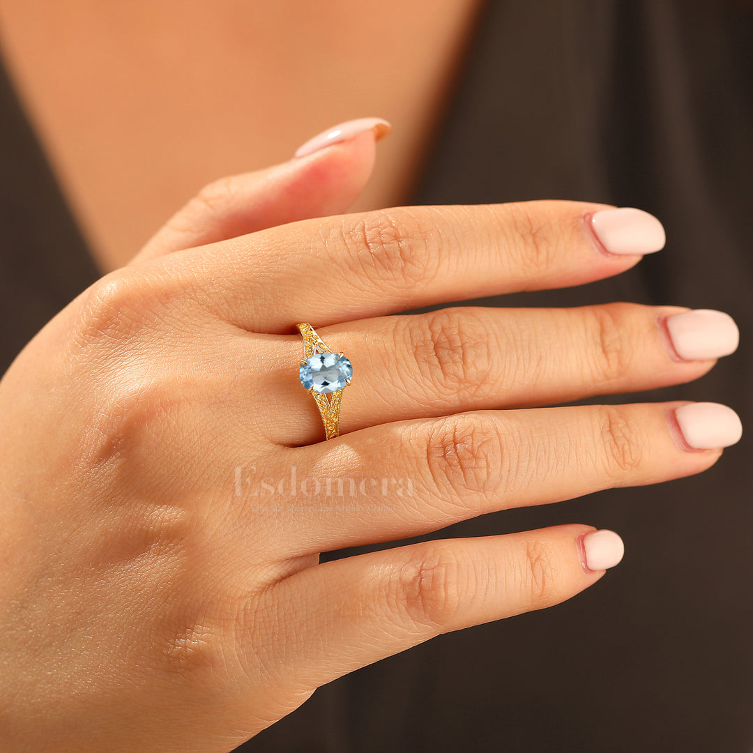 Solid 14k Gold Vintage Oval Cut Aquamarine Engagement Rings Carved Vine Bridal Ring