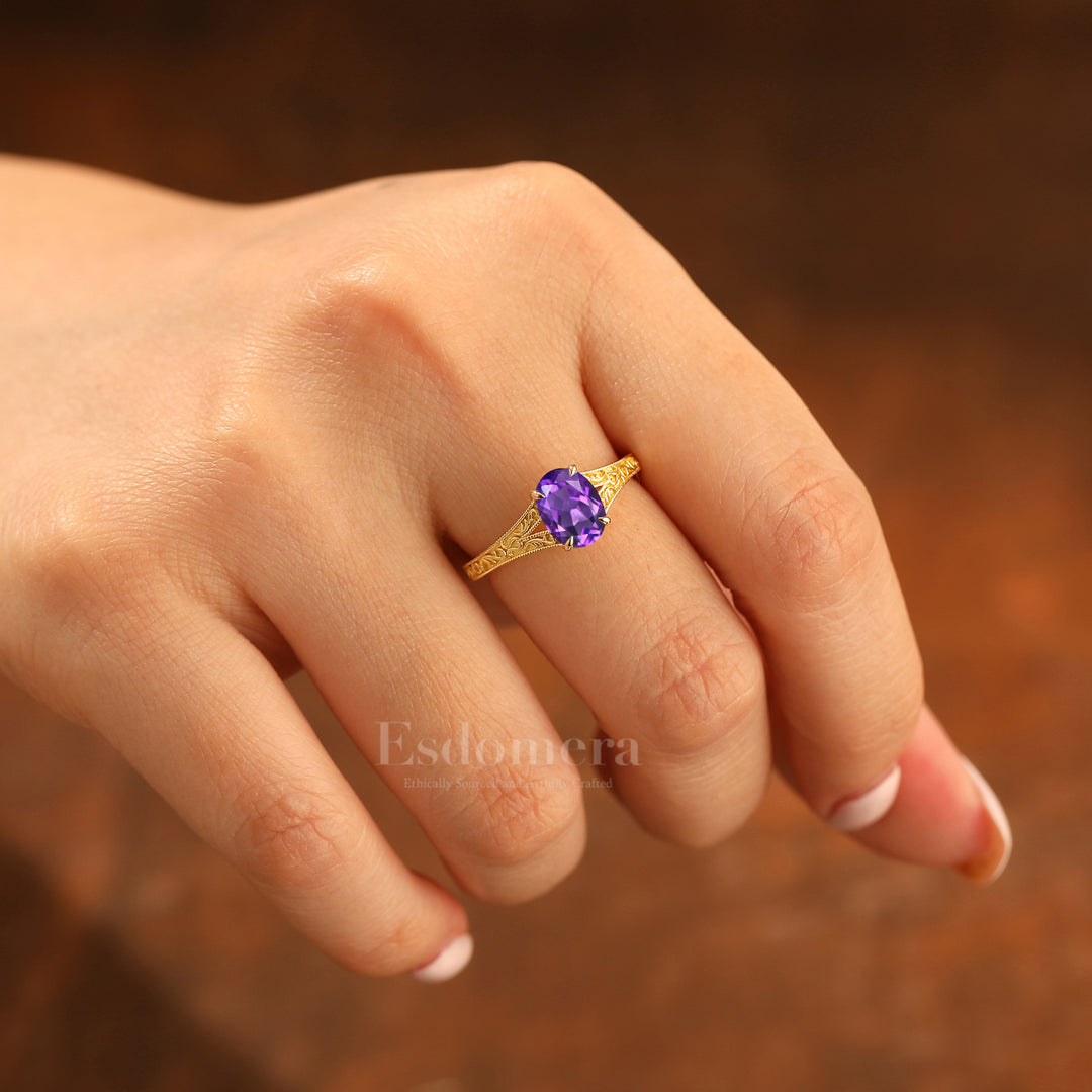 Solid 14k Yellow Gold Vintage Oval Cut Amethyst Engagement Rings Carved Vine Bridal Ring