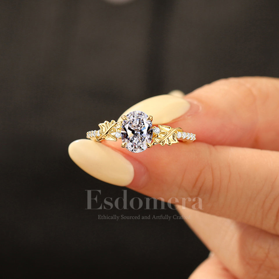 Woodland Vine Leaf Oval Lab Diamond Engagement Ring 14K Gold Pavé Band (IGI Certified)