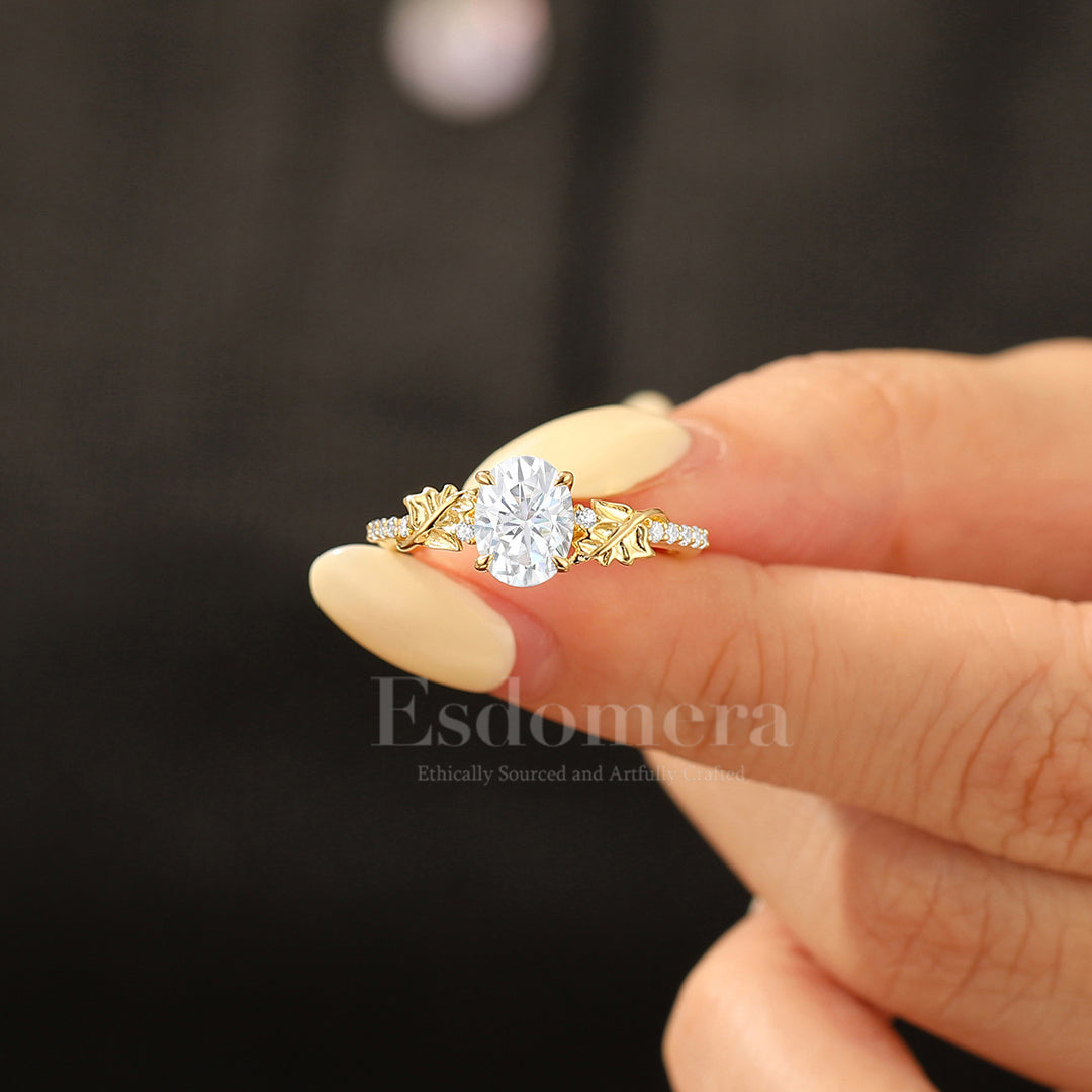 Botanical Leaf 1.5CT Oval Moissanite Half Eternity Bridal Ring 14K Gold Twig Style Wedding Ring