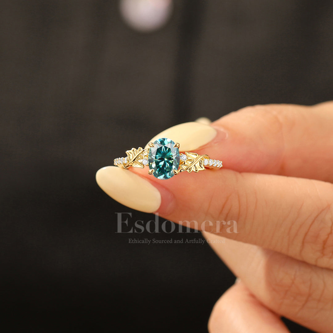 Vine Leaf Oval Blue Green Moissanite Half Eternity Engagement Ring 14K Gold Botanical Bridal Ring