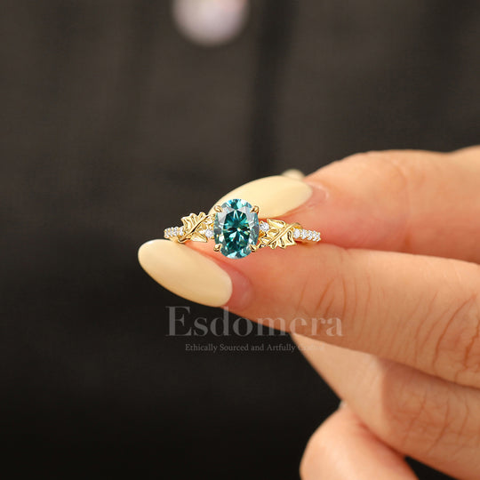 Vine Leaf Oval Blue Green Moissanite Half Eternity Engagement Ring 14K Gold Botanical Bridal Ring