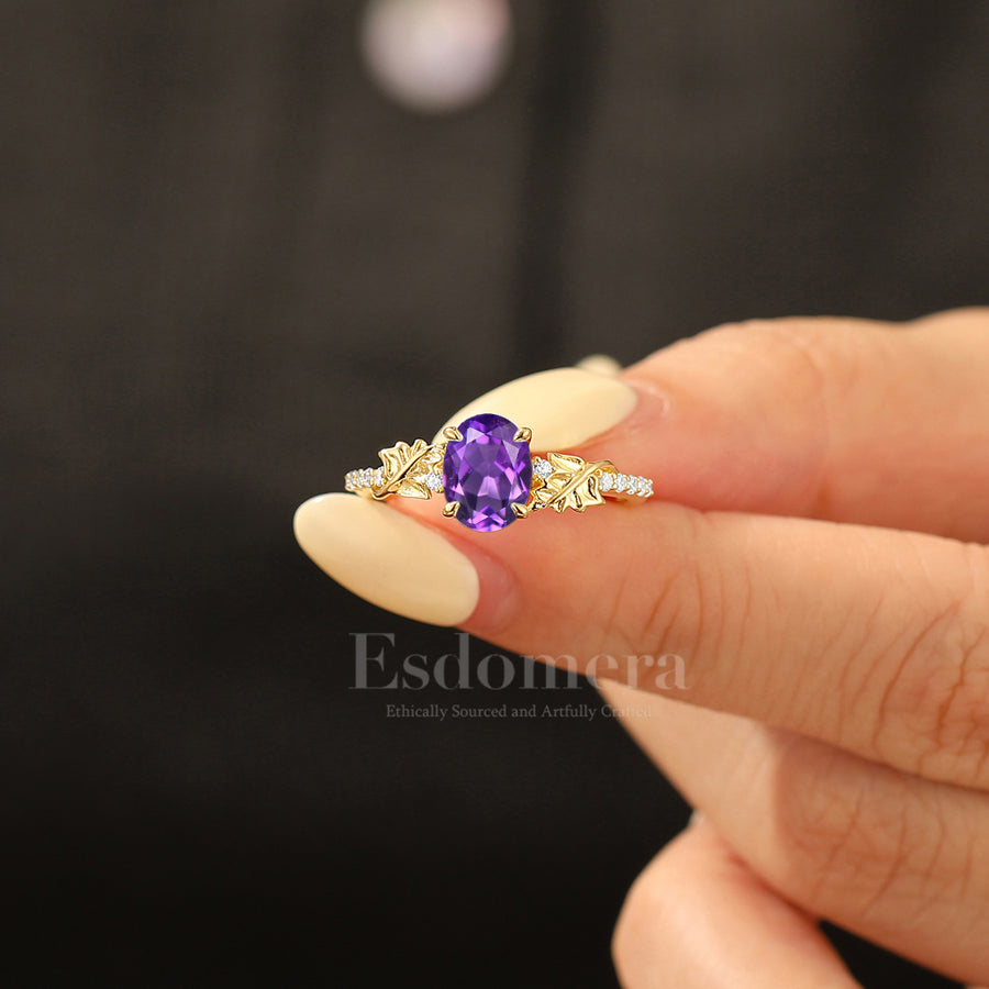 Leaf Inspired Oval Natural Amethyst Wedding Ring Unique Half Eternity Engagement Ring