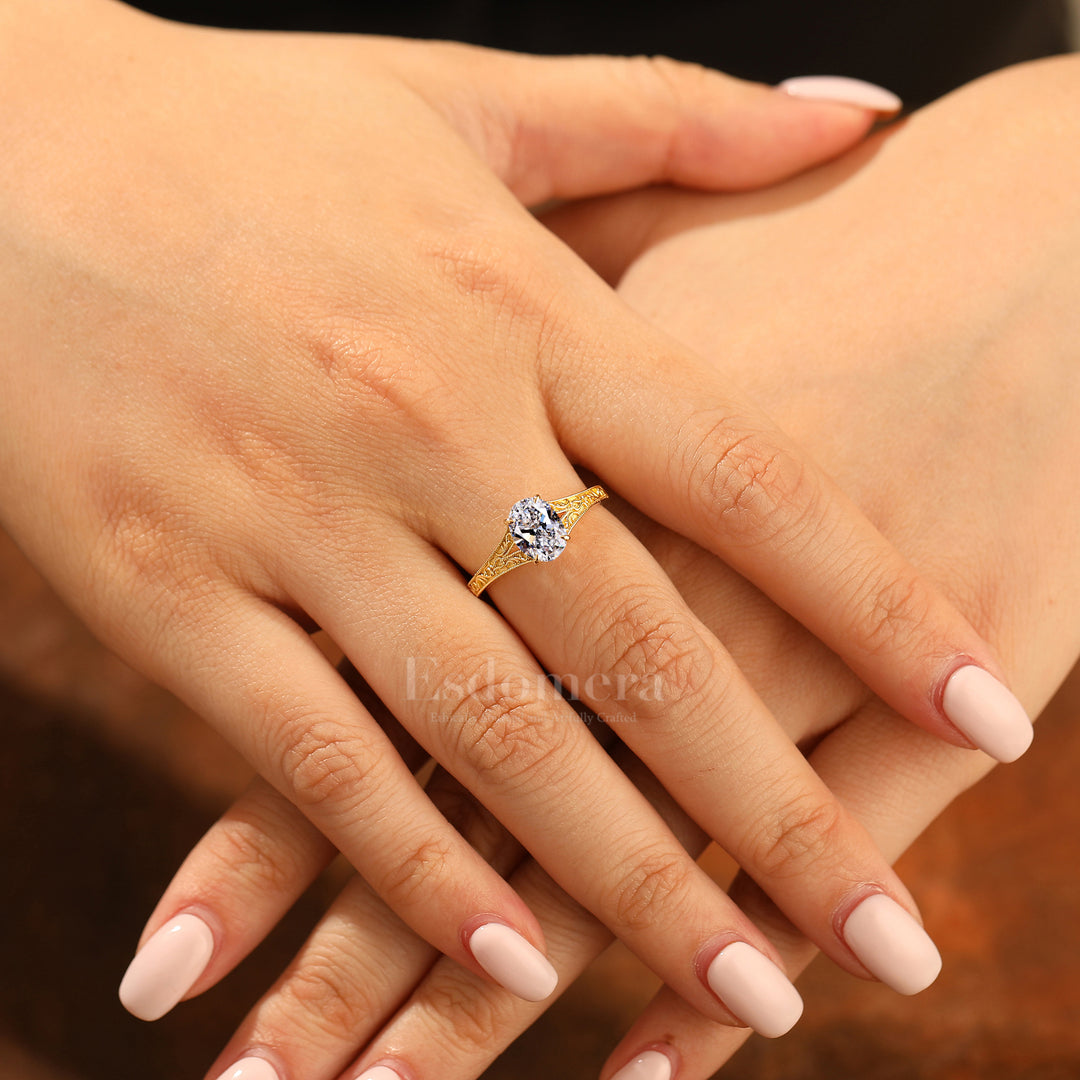 14K Vintage Filigree Band Oval Cut Lab Grown Diamond with Filigree Band Solitaire Ring Engagement Ring (IGI Certified)