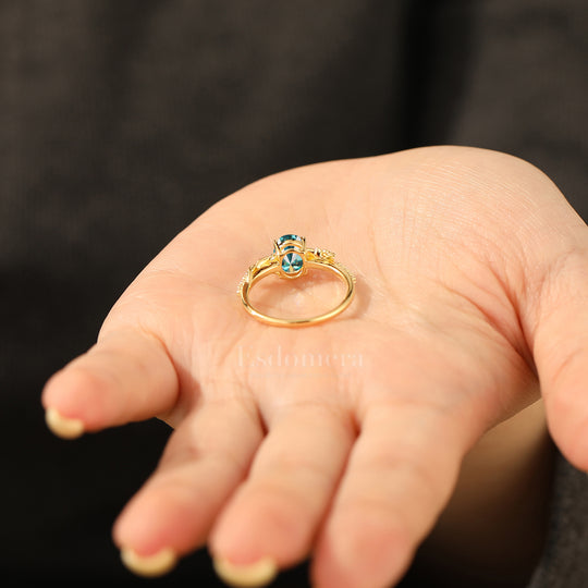 Vine Leaf Oval Blue Green Moissanite Half Eternity Engagement Ring 14K Gold Botanical Bridal Ring