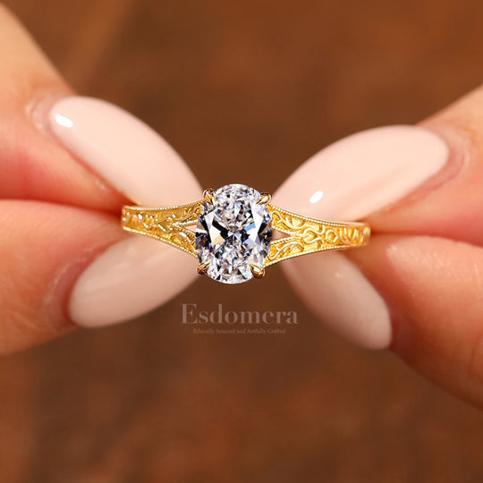 14K Vintage Filigree Band Oval Cut Lab Grown Diamond with Filigree Band Solitaire Ring Engagement Ring (IGI Certified)