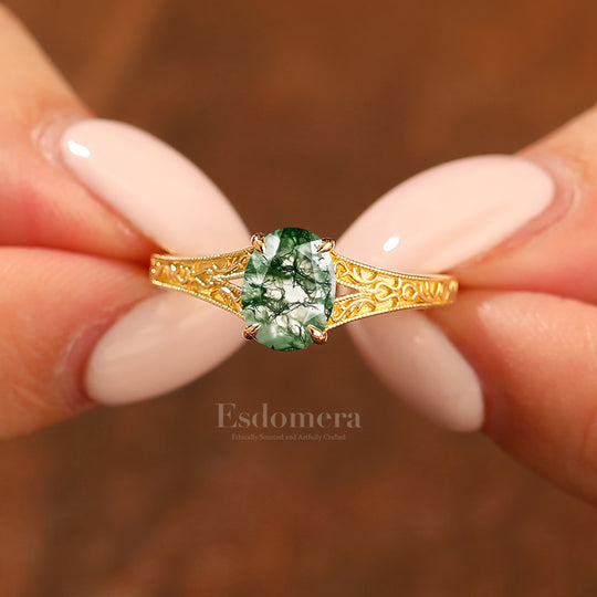 Solid 14k Yellow Gold Vintage Oval Cut Moss Agate Engagement Rings Carved Vine Bridal Ring