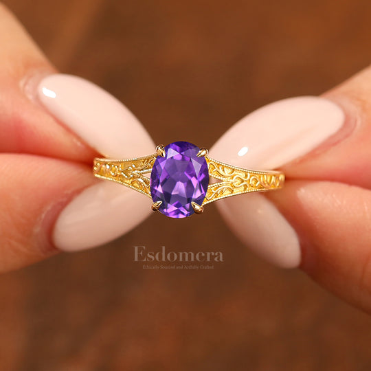 Solid 14k Yellow Gold Vintage Oval Cut Amethyst Engagement Rings Carved Vine Bridal Ring