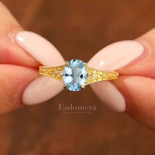 Solid 14k Gold Vintage Oval Cut Aquamarine Engagement Rings Carved Vine Bridal Ring