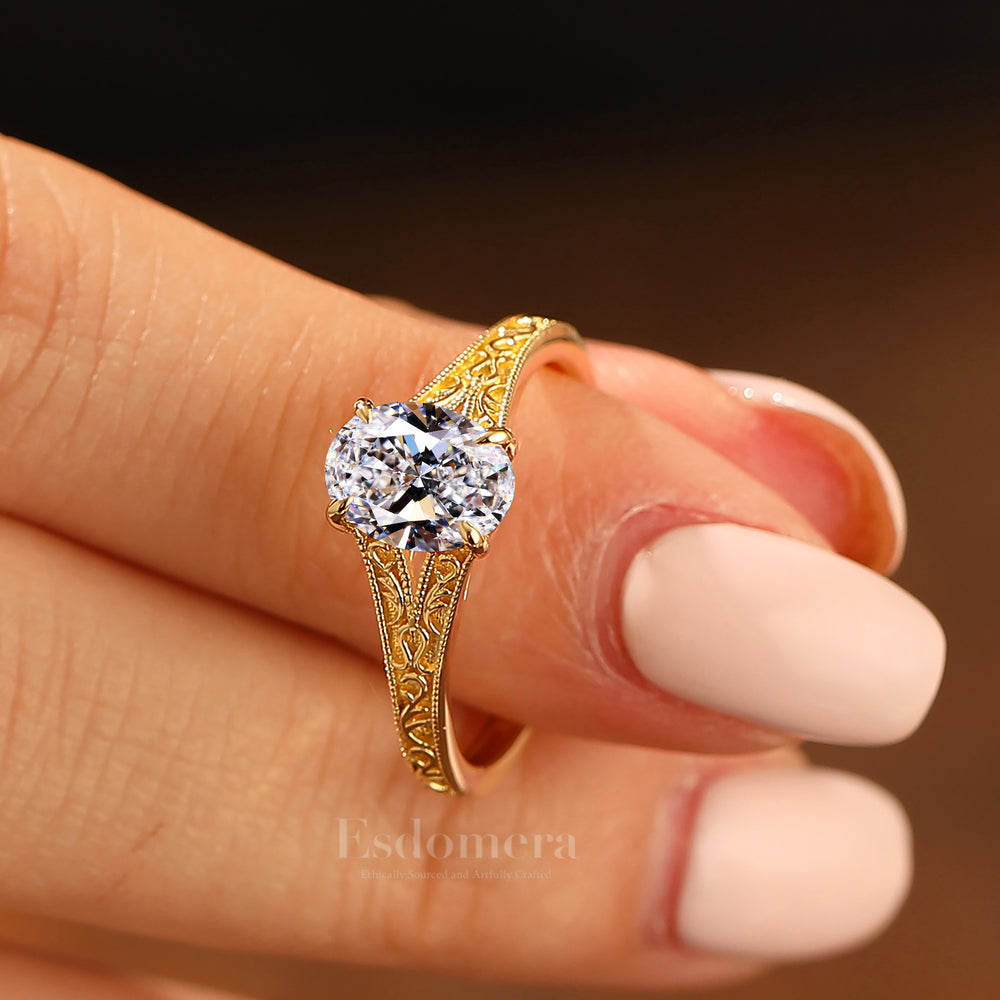 14K Vintage Filigree Band Oval Cut Lab Grown Diamond with Filigree Band Solitaire Ring Engagement Ring (IGI Certified)