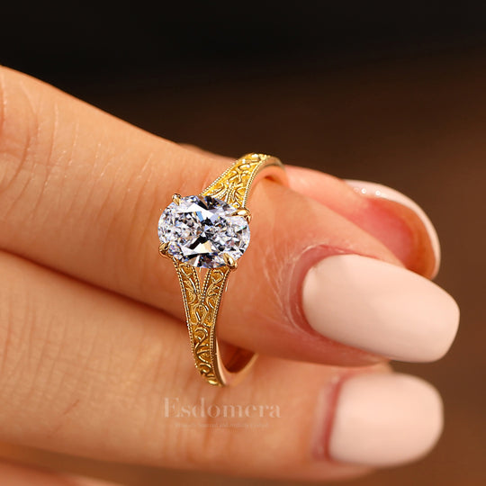 14K Vintage Filigree Band Oval Cut Lab Grown Diamond with Filigree Band Solitaire Ring Engagement Ring (IGI Certified)
