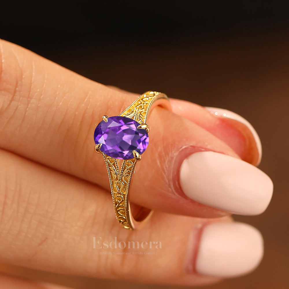 Solid 14k Yellow Gold Vintage Oval Cut Amethyst Engagement Rings Carved Vine Bridal Ring